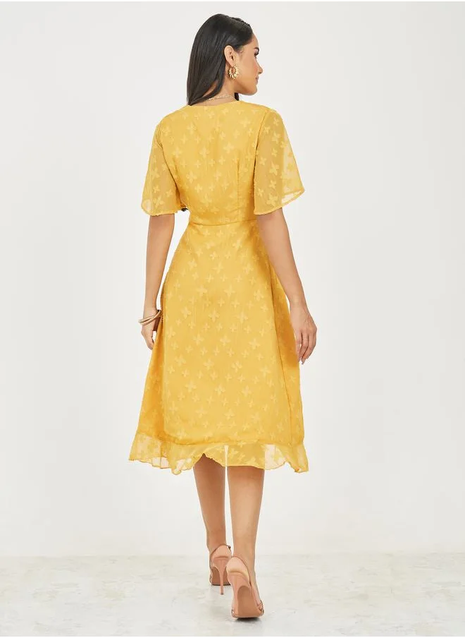 Styli Burnout Texture Ruffle Detail A-Line Wrap Midi Dress