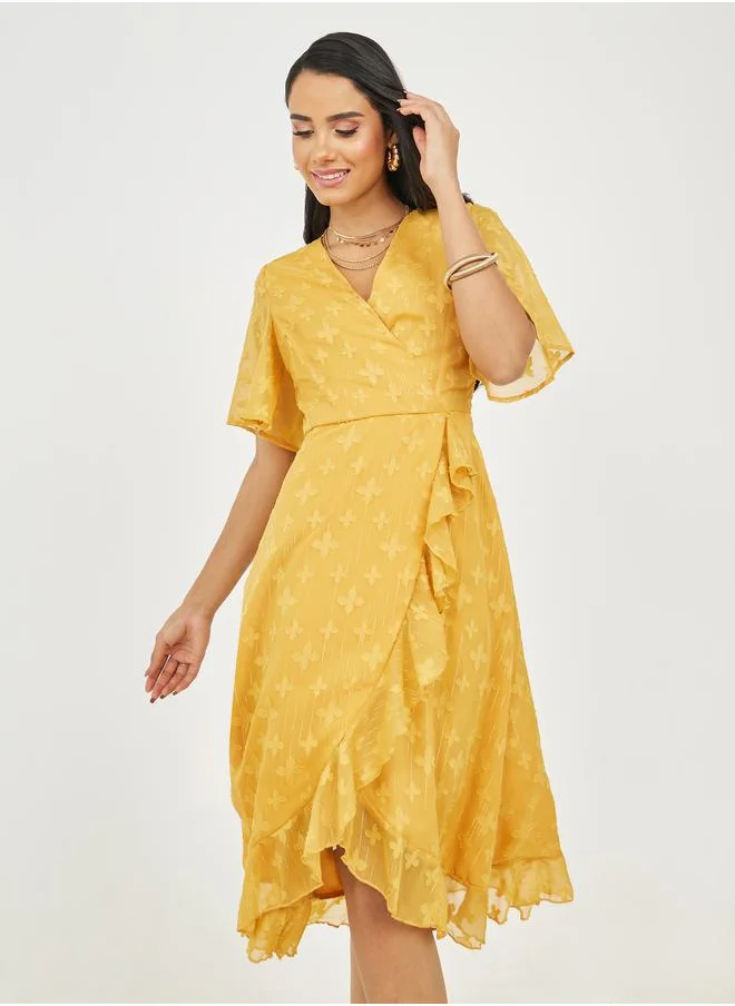 Styli Burnout Texture Ruffle Detail A-Line Wrap Midi Dress