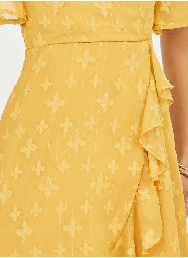 Styli Burnout Texture Ruffle Detail A-Line Wrap Midi Dress
