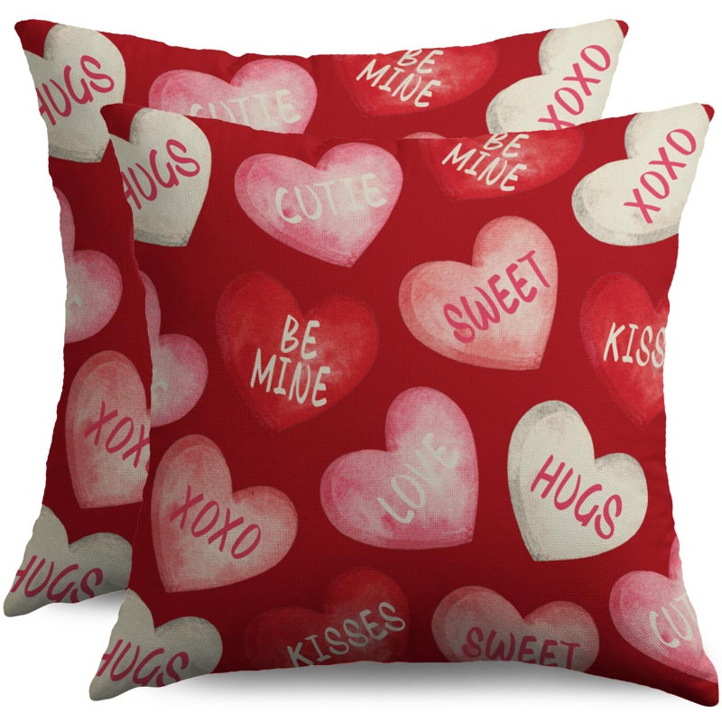 Sivirary Red Valentines Pillow Covers 18x18 Inch Set of 2 Cream Pink Love Heart Sweet Valentine's Day Holiday Decorative Throw Pillowcases Anniversary Outdoor Farmhouse Cushion Cases Decor for Sofa Couch Bed - Image 1