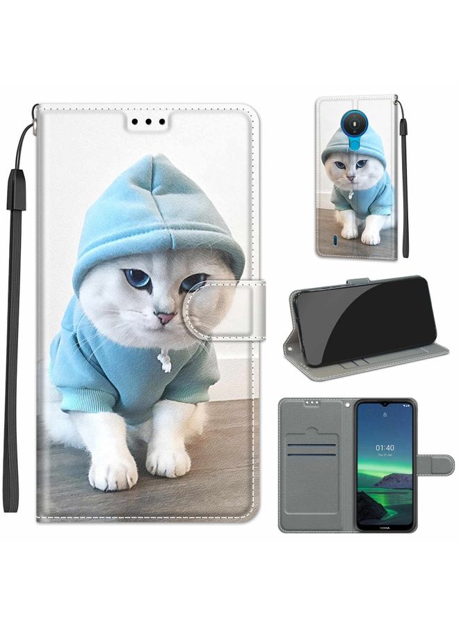 HuHa Case Cover For For Nokia 1.4 Voltage Colored Drawing Magnetic Clasp Horizontal Flip PU Leather Case with Holder & Card Slots(C15 Blue Sweater White Cat)