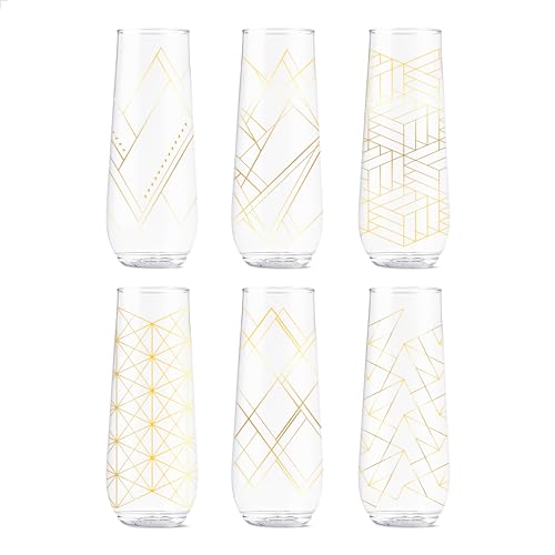 TOSSWARE POP 9oz Flute Linear Gold Series SET OF 6 Premium Quality Recyclable Unbreakable  Crystal Clear Plastic Printed Champagne Glasses