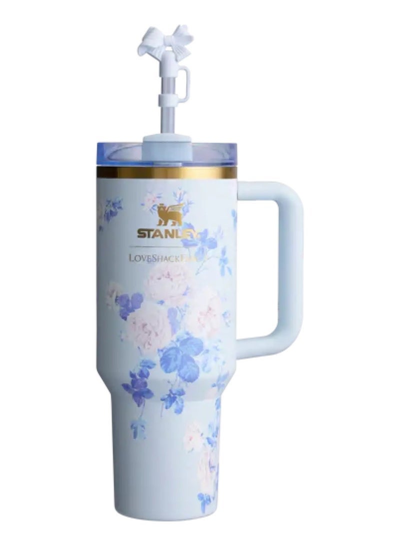 Stanley The Quencher H2.0 Tumbler With Handle And Straw 40 oz Flowstate 3-Position Lid Cup Holder Compatible For Travel Insulated Stainless Steel Cup BPA-Free Stanley X LoveShackFancy Cup Vacuum Insulated Tumbler With Lid and Straw For Water, Iced Tea Or Coffee, Smoothie And More Everblooming Rosettes  - Image 1