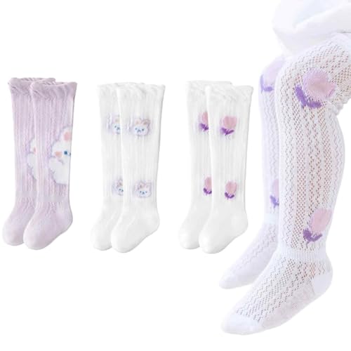 FFZDENA 3 Pairs Baby Socks, Long Socks for Girls 0-18 Months, Knee Length Sock for Baby Girl, Stockings for Girls Kids, Lace Socks for Newborn Baby (Purple) - Image 1