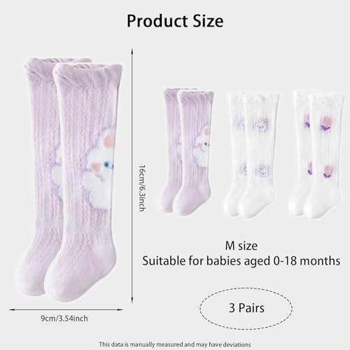 FFZDENA 3 Pairs Baby Socks, Long Socks for Girls 0-18 Months, Knee Length Sock for Baby Girl, Stockings for Girls Kids, Lace Socks for Newborn Baby (Purple) - Image 2