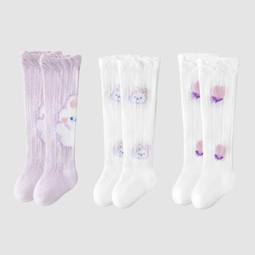 FFZDENA 3 Pairs Baby Socks, Long Socks for Girls 0-18 Months, Knee Length Sock for Baby Girl, Stockings for Girls Kids, Lace Socks for Newborn Baby (Purple) - Image 4