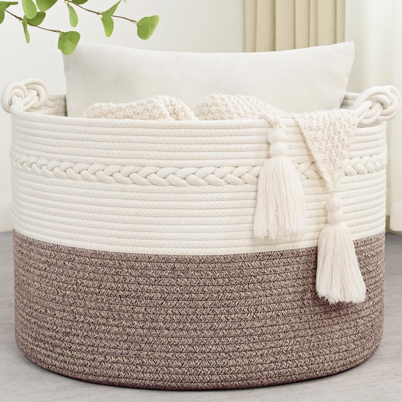 Degeyoyo 67L Large Blanket Basket, 20"x13" Woven Storage Baskets With Handle, Cotton Rope Blanket Basket Living Room, Baby Laundry hamper for Blanket, Nursery, Toy, Pillow (White & Oatmeal) - Image 1
