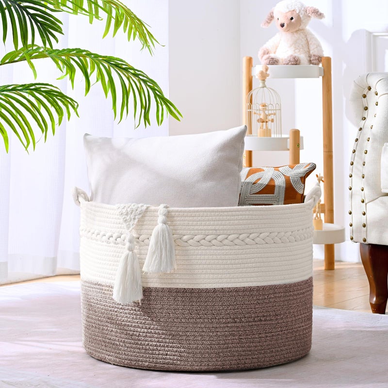 Degeyoyo 67L Large Blanket Basket, 20"x13" Woven Storage Baskets With Handle, Cotton Rope Blanket Basket Living Room, Baby Laundry hamper for Blanket, Nursery, Toy, Pillow (White & Oatmeal) - Image 3