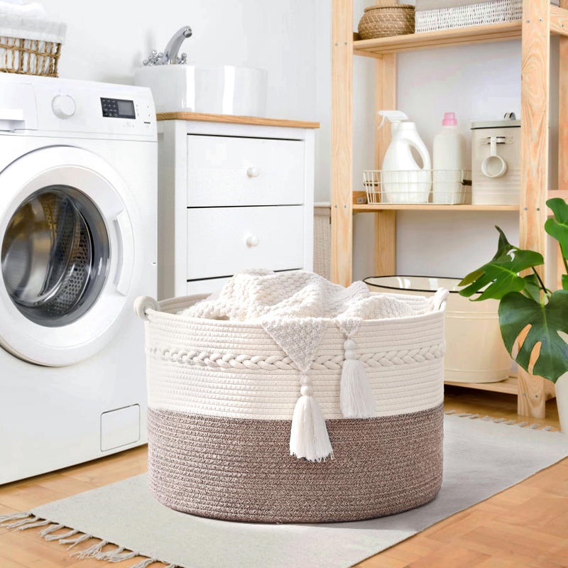 Degeyoyo 67L Large Blanket Basket, 20"x13" Woven Storage Baskets With Handle, Cotton Rope Blanket Basket Living Room, Baby Laundry hamper for Blanket, Nursery, Toy, Pillow (White & Oatmeal) - Image 2