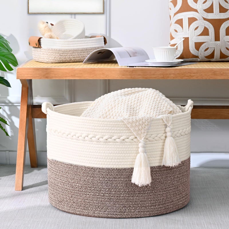 Degeyoyo 67L Large Blanket Basket, 20"x13" Woven Storage Baskets With Handle, Cotton Rope Blanket Basket Living Room, Baby Laundry hamper for Blanket, Nursery, Toy, Pillow (White & Oatmeal) - Image 4