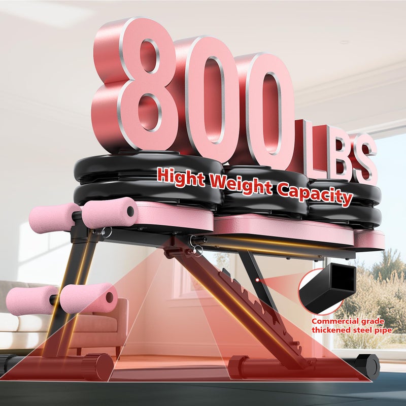 XDDIAS Workout Bench, 10 Backrests Adjustable Weight Bench with Extended Headrest, 800LBS Foldable Weight Bench for Home Gym, Incline Decline Flat Bench Compact for Small Space Training, Pink - Image 3