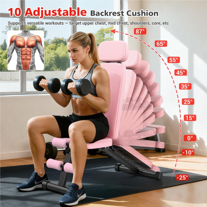 XDDIAS Workout Bench, 10 Backrests Adjustable Weight Bench with Extended Headrest, 800LBS Foldable Weight Bench for Home Gym, Incline Decline Flat Bench Compact for Small Space Training, Pink - Image 2