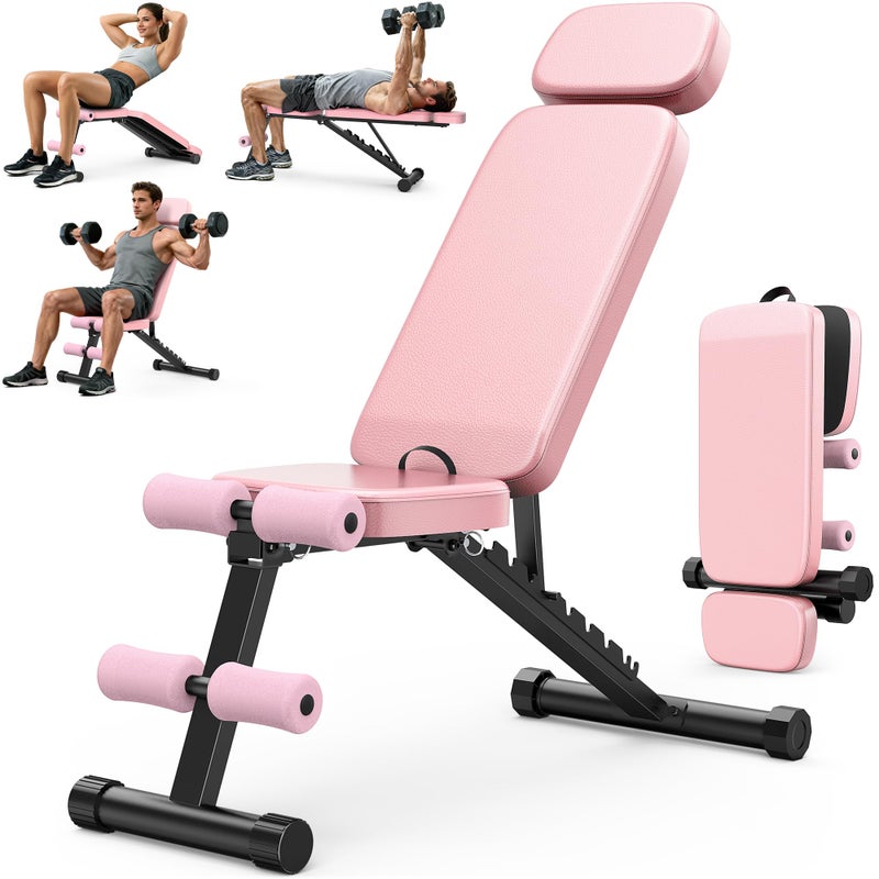 XDDIAS Workout Bench, 10 Backrests Adjustable Weight Bench with Extended Headrest, 800LBS Foldable Weight Bench for Home Gym, Incline Decline Flat Bench Compact for Small Space Training, Pink - Image 1
