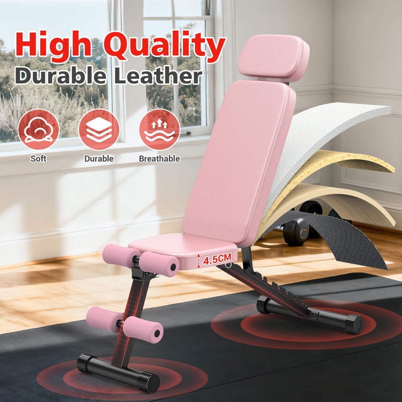 XDDIAS Workout Bench, 10 Backrests Adjustable Weight Bench with Extended Headrest, 800LBS Foldable Weight Bench for Home Gym, Incline Decline Flat Bench Compact for Small Space Training, Pink - Image 5