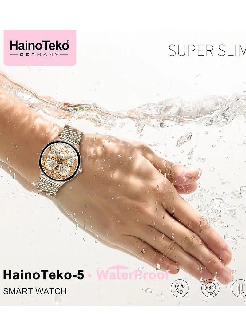 Haino Teko HainoTeko-5 Super Slim Smartwatch with AMOLED Display and 3 Strap Options Experience luxury and technology combined with the HainoTeko-5 smartwatch. With a stylish ultra-slim design, it comes equipped with an AMOLED screen, waterproof construction, and an extensive range of smart features, including sleep tracking, stress monitoring, weather updates, calculator, flashlight, and even built-in games. Choose from three elegant strap options to match your style—leather, stainless steel, or silicone. - Image 3