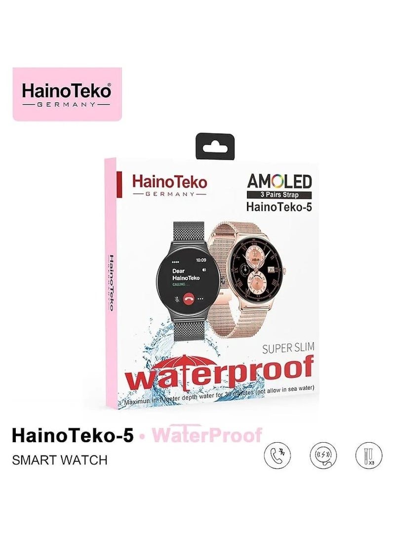 Haino Teko HainoTeko-5 Super Slim Smartwatch with AMOLED Display and 3 Strap Options Experience luxury and technology combined with the HainoTeko-5 smartwatch. With a stylish ultra-slim design, it comes equipped with an AMOLED screen, waterproof construction, and an extensive range of smart features, including sleep tracking, stress monitoring, weather updates, calculator, flashlight, and even built-in games. Choose from three elegant strap options to match your style—leather, stainless steel, or silicone. - Image 1