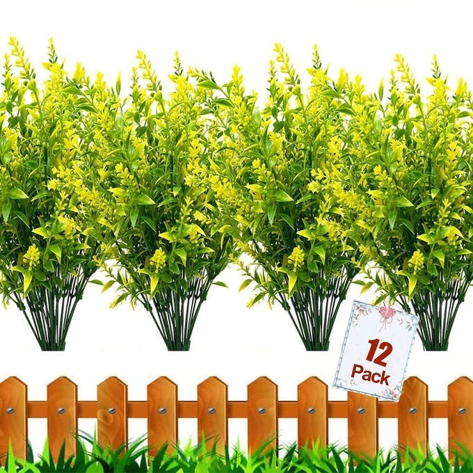 12 Bundles Outdoor Artificial Flowers UV Resistant Fake Boxwood Plants Faux Plastic Greenery for Indoor Outside Hanging Plants Garden Porch Window Box Home Wedding Farmhouse Decor Yellow