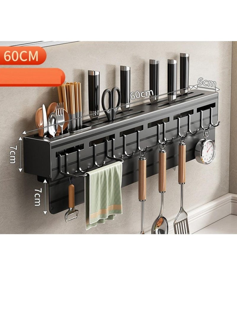 AIWANTO Wall-Mounted Heavy Duty 60cm Kitchen Knife Rack Multi-Purpose Knife Holder Spoon Organizer Cutlery Holder with 12 Hooks & Towel Rack  With partition  Knife Organizer Knife Storage Kitchen Restaurant  - Image 2