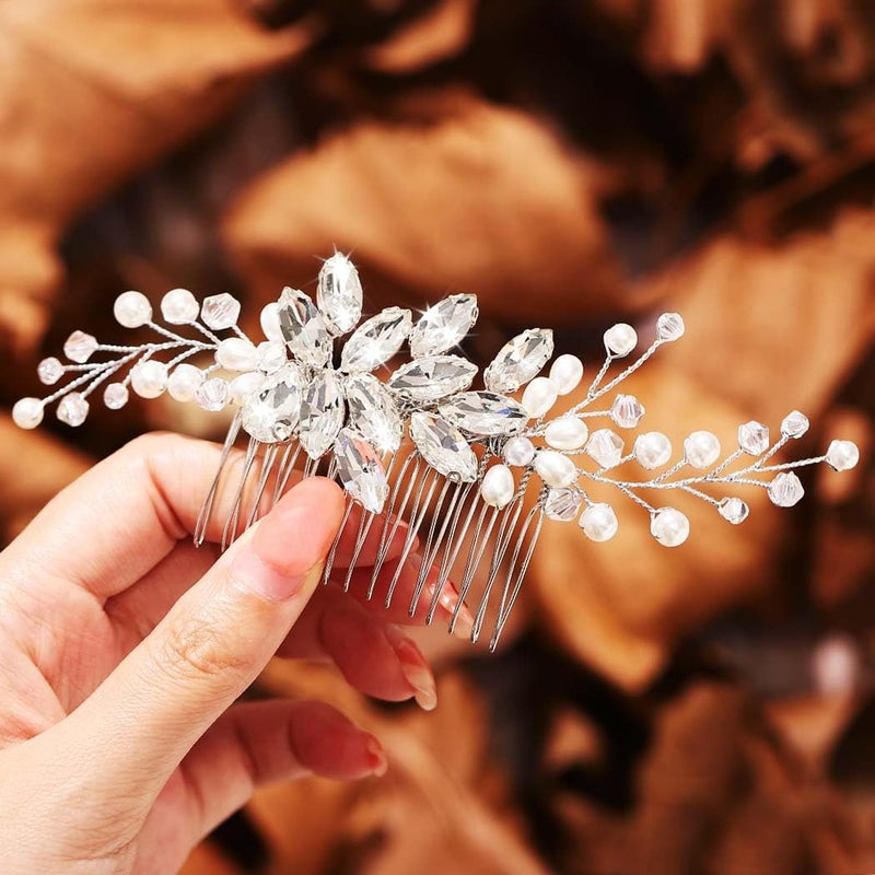Gorais Crystal Bride Wedding Hair Comb Pearl Bridal Hair Pieces Rhinestone Hair Accessories for Women and Girls ASilver