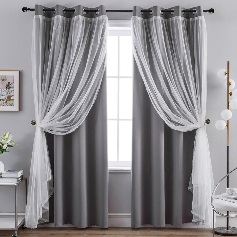 Anytime Home Curtains Blackout and Sheer Layered Solid Window Curtain Panel Pair with Grommet Top 52Wx63LGrey