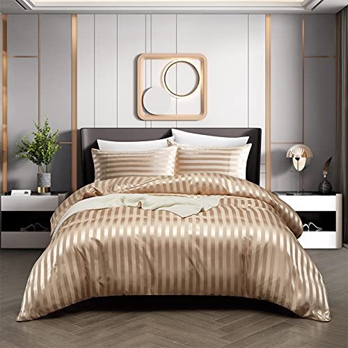 RevenRella 3 Piece Satin Duvet Cover Set Bedding Sets Italian Style 1800 Series Luxury Rich Silk Silky Super Soft Stripes Hidden Zipper Closure Reversible Wrinkle Free Honeymoon(Taupe, Queen) - Image 1