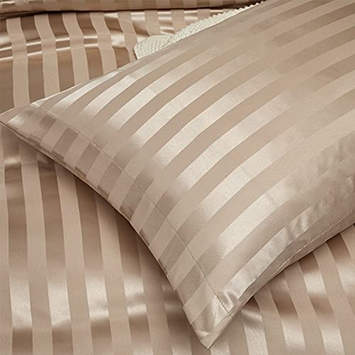 RevenRella 3 Piece Satin Duvet Cover Set Bedding Sets Italian Style 1800 Series Luxury Rich Silk Silky Super Soft Stripes Hidden Zipper Closure Reversible Wrinkle Free Honeymoon(Taupe, Queen) - Image 3
