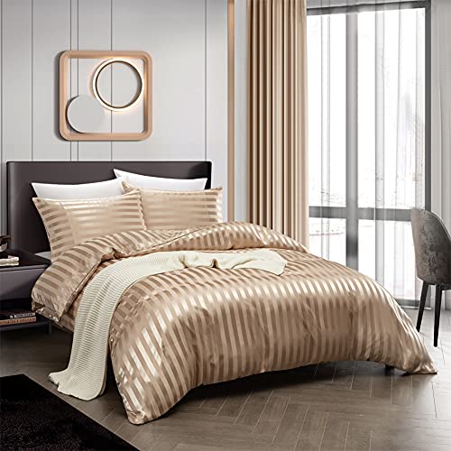 RevenRella 3 Piece Satin Duvet Cover Set Bedding Sets Italian Style 1800 Series Luxury Rich Silk Silky Super Soft Stripes Hidden Zipper Closure Reversible Wrinkle Free Honeymoon(Taupe, Queen) - Image 2