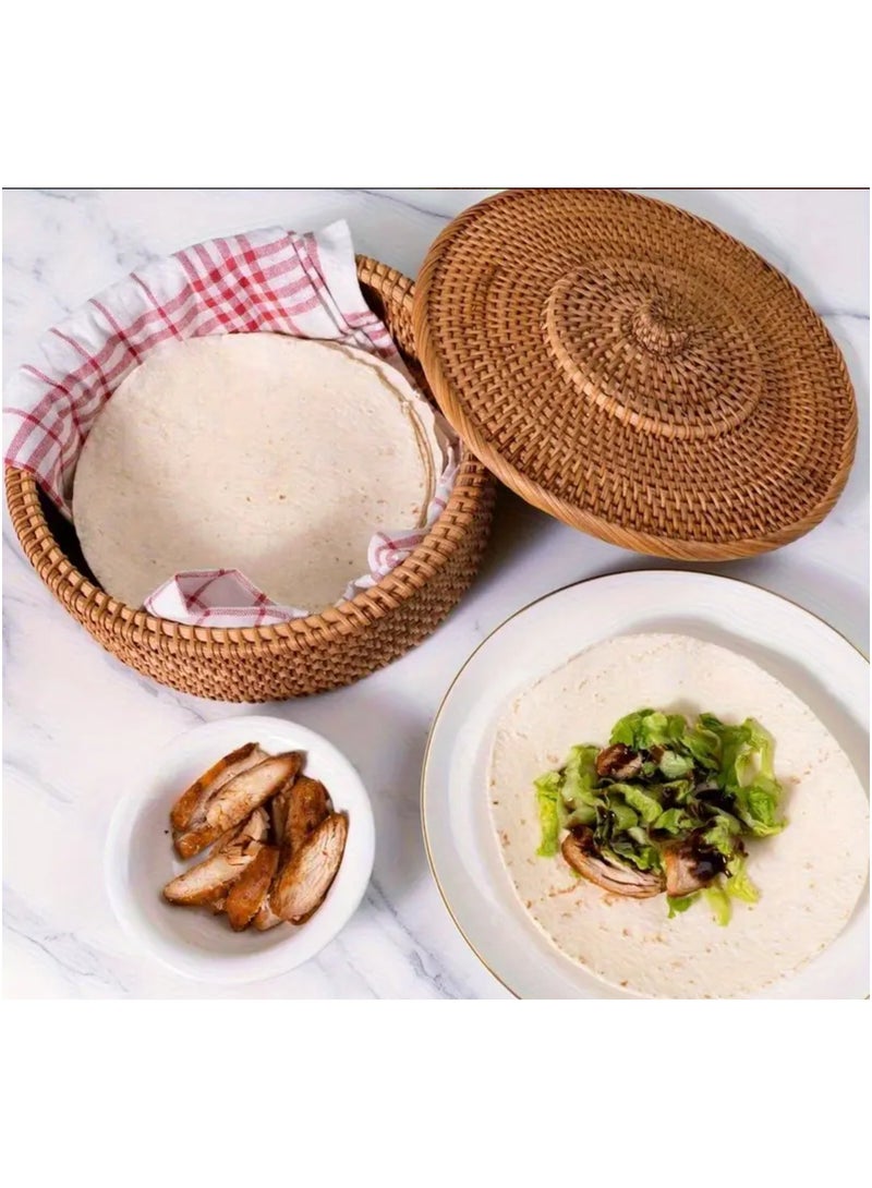 سلة خبز منسوجة يدويا كبيرة ، حاوية طعام متعددة الاستخدامات للبيتزا ، الخبز ، الفاكهة ، مناسبة للمنزل ، مطعم ونزه ، منظم مطبخ مع غطاء ، حاوية طعام دائمة ، تخزين الخبز ، 26 * 9 سم - Image 2