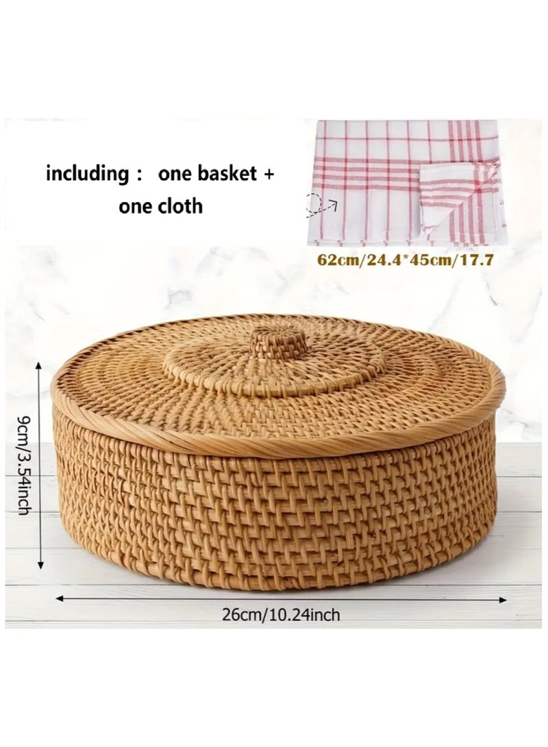 سلة خبز منسوجة يدويا كبيرة ، حاوية طعام متعددة الاستخدامات للبيتزا ، الخبز ، الفاكهة ، مناسبة للمنزل ، مطعم ونزه ، منظم مطبخ مع غطاء ، حاوية طعام دائمة ، تخزين الخبز ، 26 * 9 سم - Image 3