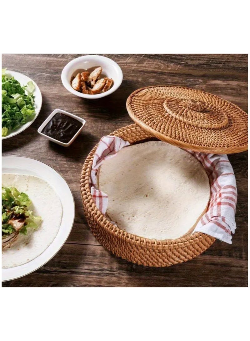 سلة خبز منسوجة يدويا كبيرة ، حاوية طعام متعددة الاستخدامات للبيتزا ، الخبز ، الفاكهة ، مناسبة للمنزل ، مطعم ونزه ، منظم مطبخ مع غطاء ، حاوية طعام دائمة ، تخزين الخبز ، 26 * 9 سم - Image 4