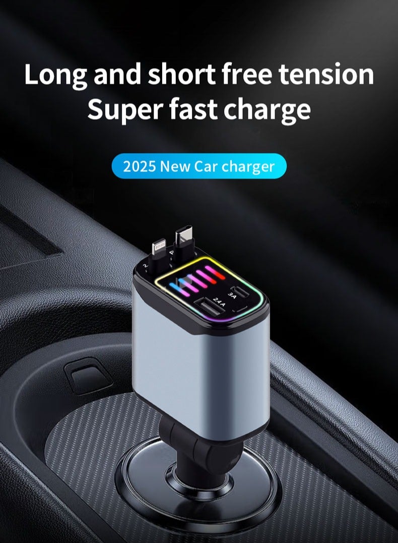 Retractable Car Charger, 4 in 1 Car Fast Charger for iPhone and Type C, Retractable Cables and 2 Charging Ports, 180° Adjustable with Breathing Light，Compatible with Mobile Phones/Earphones/Table  - Image 1