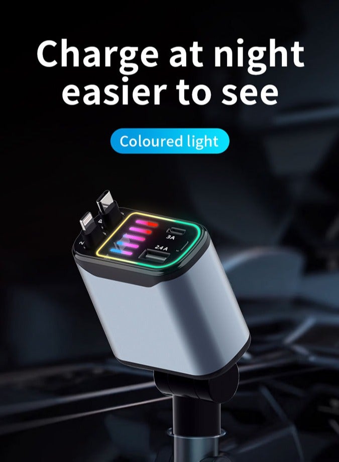 Retractable Car Charger, 4 in 1 Car Fast Charger for iPhone and Type C, Retractable Cables and 2 Charging Ports, 180° Adjustable with Breathing Light，Compatible with Mobile Phones/Earphones/Table  - Image 3