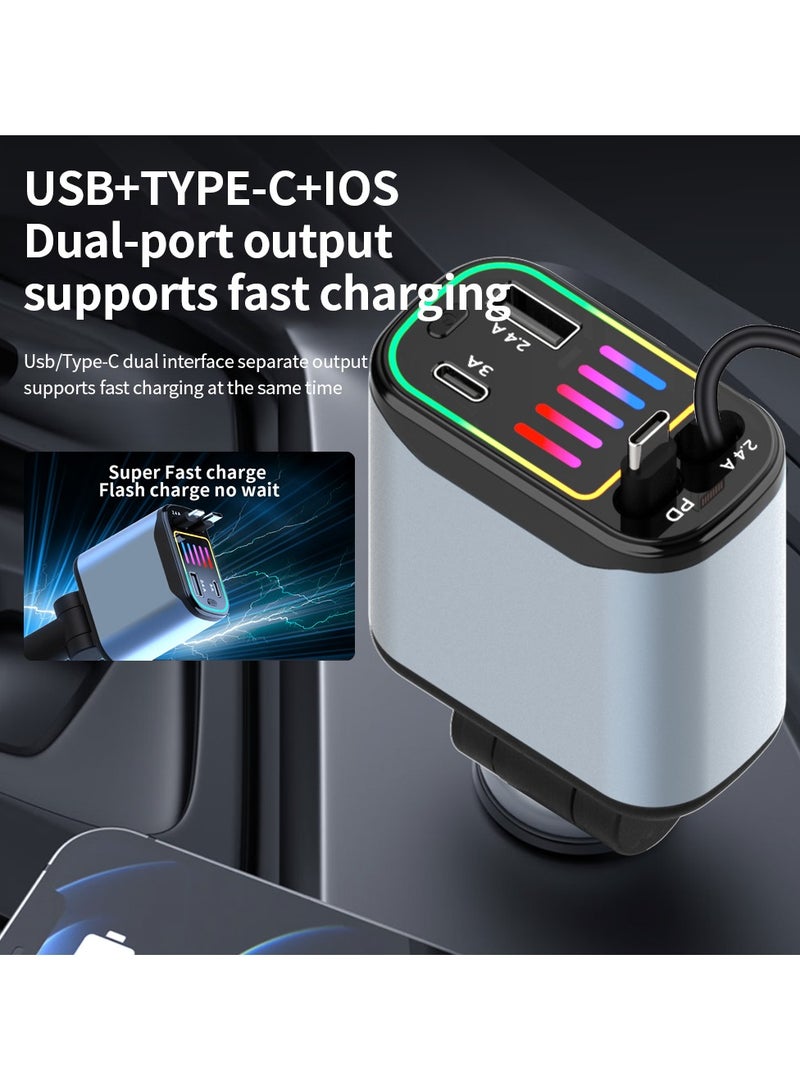 Retractable Car Charger, 4 in 1 Car Fast Charger for iPhone and Type C, Retractable Cables and 2 Charging Ports, 180° Adjustable with Breathing Light，Compatible with Mobile Phones/Earphones/Table  - Image 2