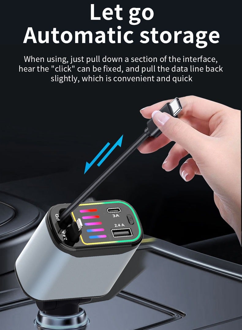 Retractable Car Charger, 4 in 1 Car Fast Charger for iPhone and Type C, Retractable Cables and 2 Charging Ports, 180° Adjustable with Breathing Light，Compatible with Mobile Phones/Earphones/Table  - Image 4