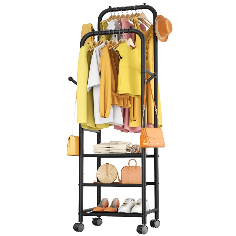 Furologee Rolling Clothing Racks for Hanging Clothes Double Rods Clothes Rack With Wheels Sturdy Coat RacksPortable Metal Garment Rack for Bedroom Laundry Living Room Black