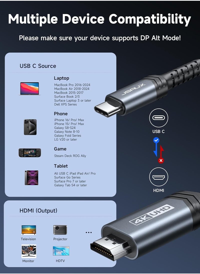 JSAUX - JSAUX USB C to HDMI Cable 3m | 4K@60Hz USB 3.1 Type-C to HDMI 2.0 Cord for Home Office, (Thunderbolt 3/4 Compatible) with MacBook Pro/Air, Galaxy S8 to S23, iPad Pro, iMac, Surface, Dell model CV0030 - grey - Image 1