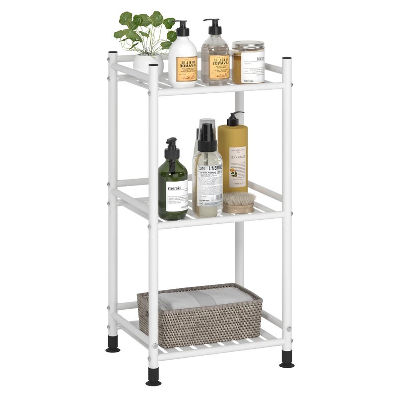 FKUO 3 Tier Bathroom Storage Open Shelf Unit FreeStanding Metal Corner Rack Shelving for Kitchen Living Room Hallway Matte White 3 Tier
