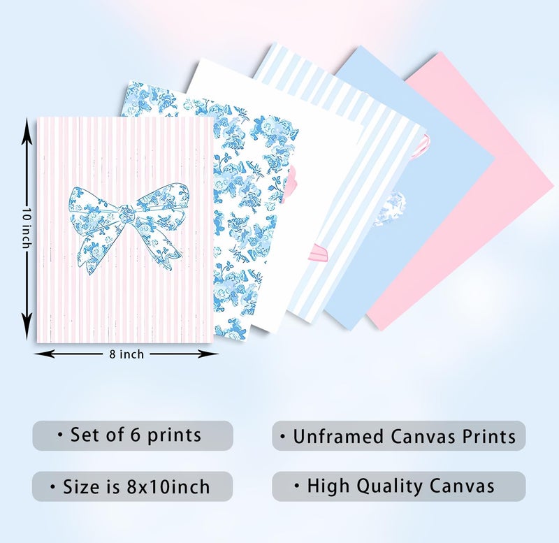 CENDAP 6 Pcs Blue and Pink Floral Bow Wall Art Trendy Chinoiserie Watercolor Heart Canvas Prints Posters Cowgirl Boots Aesthetic Wall Decor for Girly Room Coastal Dorm Home Decor Unframed 8x10in - Image 4