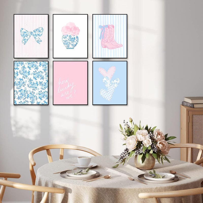 CENDAP 6 Pcs Blue and Pink Floral Bow Wall Art Trendy Chinoiserie Watercolor Heart Canvas Prints Posters Cowgirl Boots Aesthetic Wall Decor for Girly Room Coastal Dorm Home Decor Unframed 8x10in - Image 3