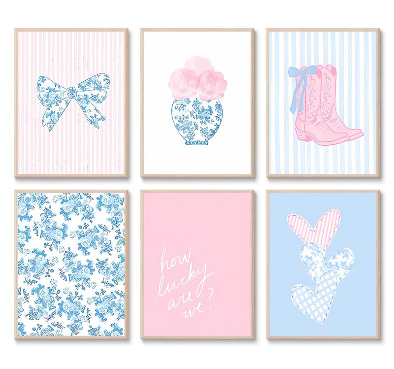 CENDAP 6 Pcs Blue and Pink Floral Bow Wall Art Trendy Chinoiserie Watercolor Heart Canvas Prints Posters Cowgirl Boots Aesthetic Wall Decor for Girly Room Coastal Dorm Home Decor Unframed 8x10in - Image 1