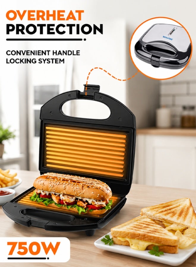 SONASHI 2 Slice Non-Stick Sandwich Grill And Sandwich Maker With Handle Locking System 750 W SGT-853 Black - Image 3