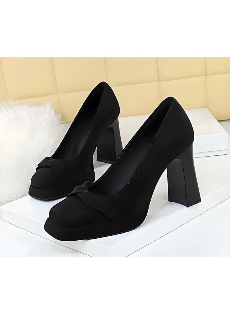 بيج تري منصة المرأة الكعب العالي المربع المغلق إصبع القدم مضخات الأسود 9.5CM - Image 1