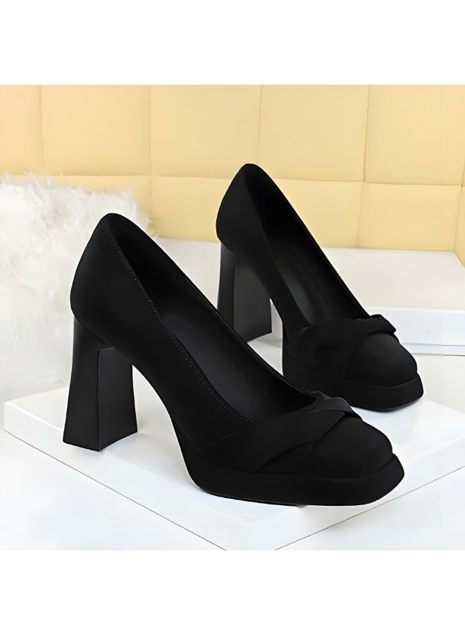 بيج تري منصة المرأة الكعب العالي المربع المغلق إصبع القدم مضخات الأسود 9.5CM - Image 2