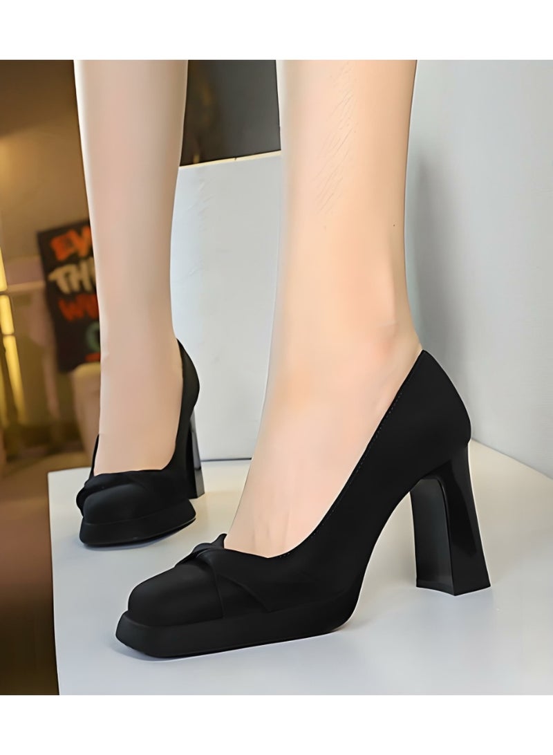 بيج تري منصة المرأة الكعب العالي المربع المغلق إصبع القدم مضخات الأسود 9.5CM - Image 3