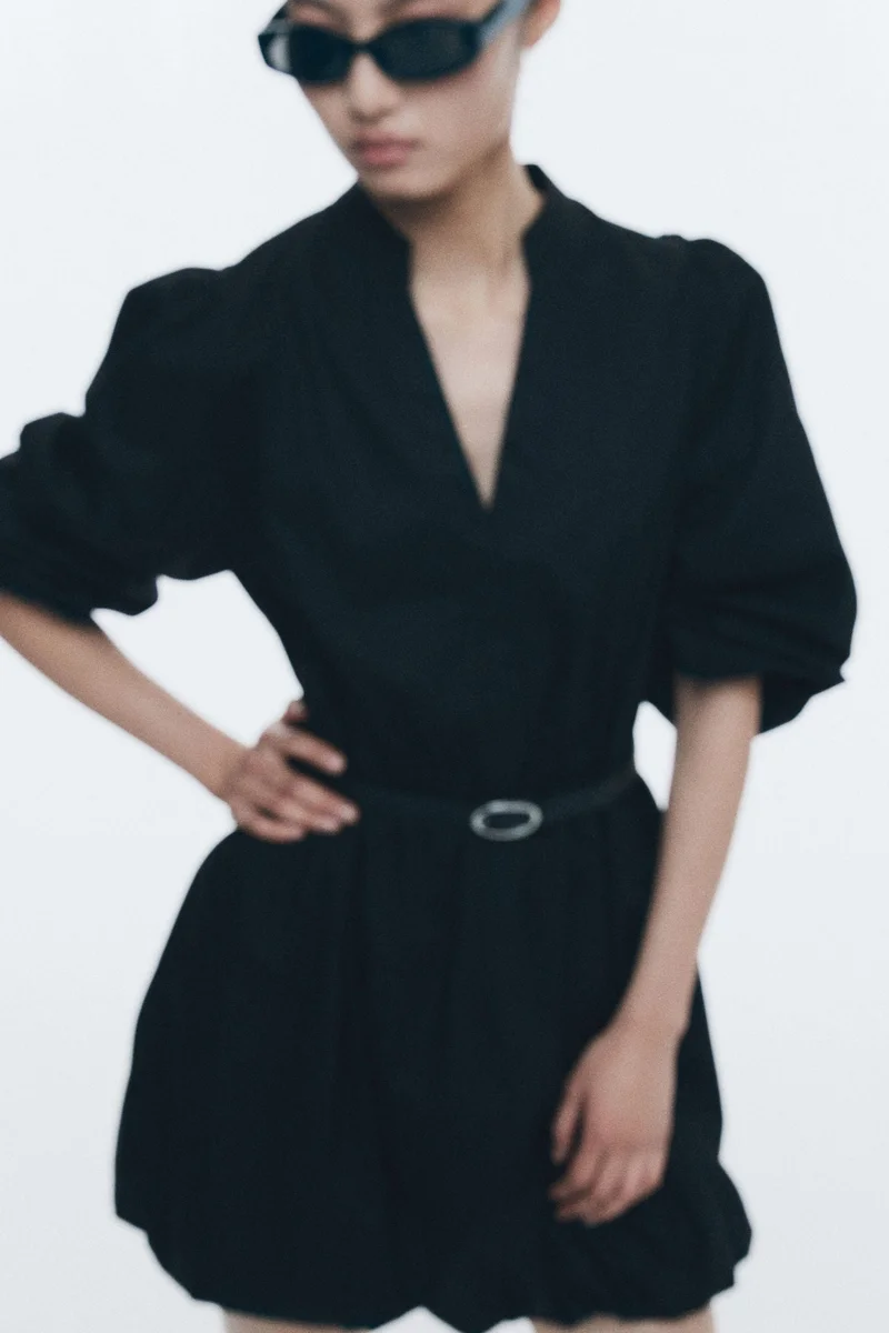 اتش اند ام فستان بحزام بحافة منفوخة