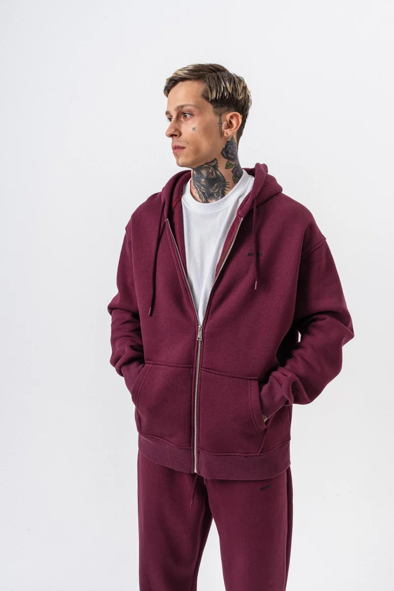 ريسباير هودي رجالي أساسي واسع (Oversize) بسحاب (Zip) بغطاء رأس بتفاصيل نص "Respire" لون كرزي (Vişne)