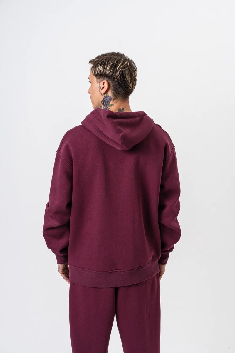 ريسباير هودي رجالي أساسي واسع (Oversize) بسحاب (Zip) بغطاء رأس بتفاصيل نص "Respire" لون كرزي (Vişne)