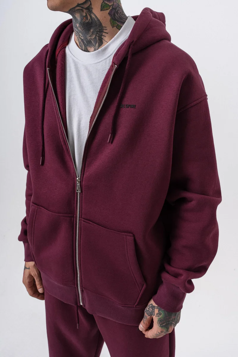ريسباير هودي رجالي أساسي واسع (Oversize) بسحاب (Zip) بغطاء رأس بتفاصيل نص "Respire" لون كرزي (Vişne)