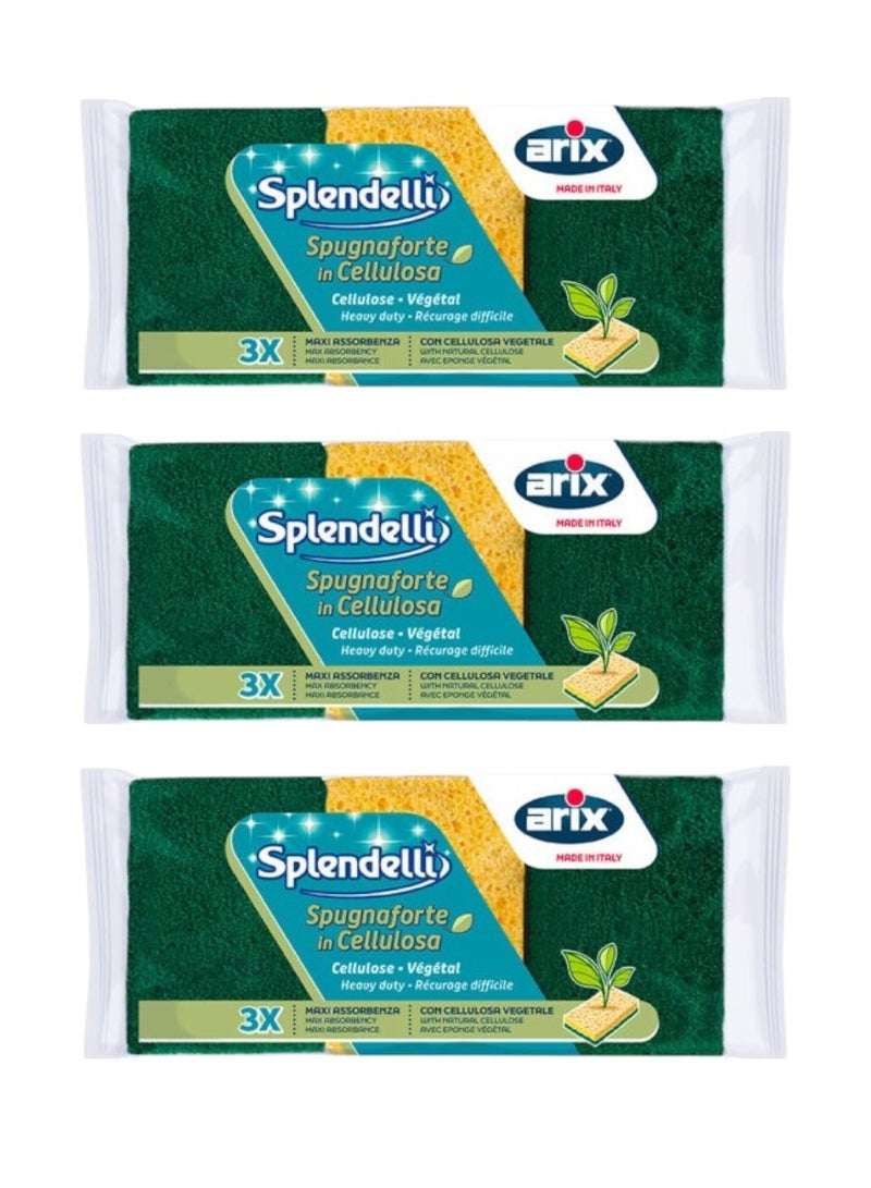 Arix-Splendelli Natural Cellulose Sponge – Pack of 3 x 3PCS (Total 9 Sponges) | Super Absorbent & Abrasive for Tough Cleaning