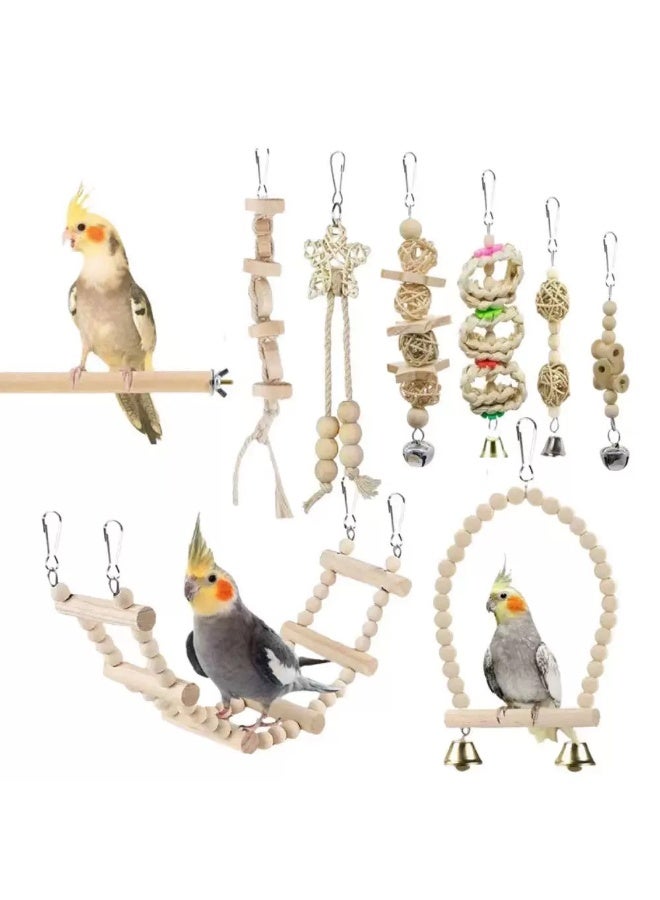 9PCS Natural Wood Bird and Parrot Swing Toys Includes Hanging Chew Swing, Climbing Ladder and Bird Cage for Parrot, Parakeet, Conure, Cockatiel, Mynah, Lovebirds and Finches - Image 5